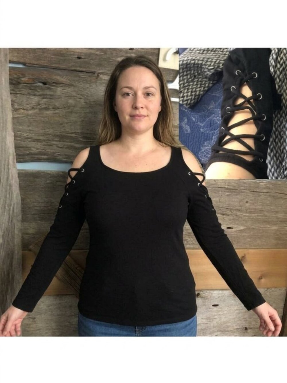 Guess size med black caged cold shoulder top